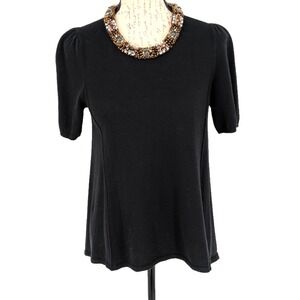Anthropologie HWR Black Sweater Cotton Blend Jeweled Neckline Sm